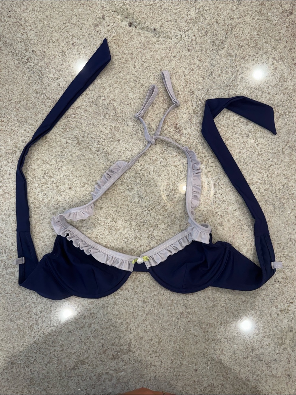 Edikted Navy Blue and Light Gray Ruffle Bikini Top